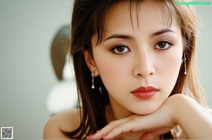 A close up of a woman's face with her hand on her chin.