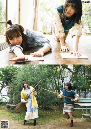 A couple of women sitting at a table with oranges.