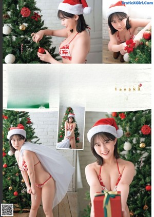 A woman in a blue sweater is posing for a magazine.