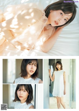 A woman in a white dress is posing for a magazine.