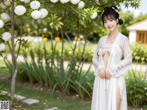 A woman in a white robe posing for a picture.