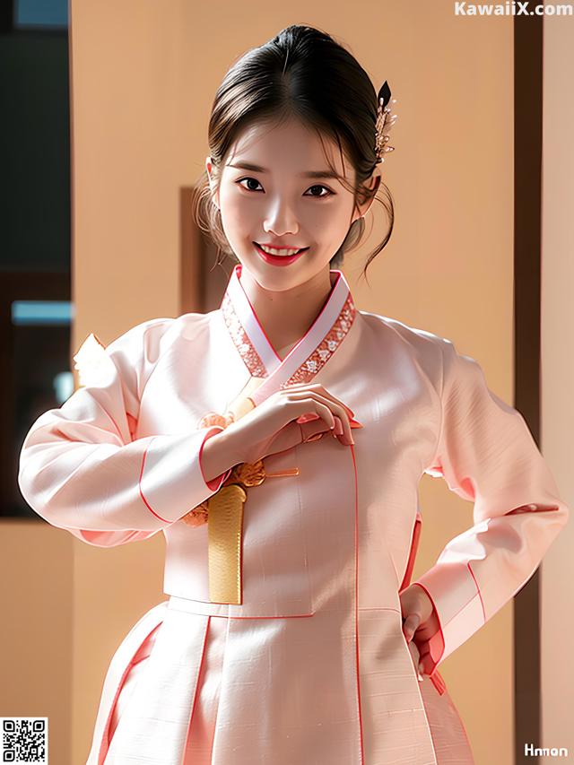 A woman in a pink hanbok is posing for a picture.
