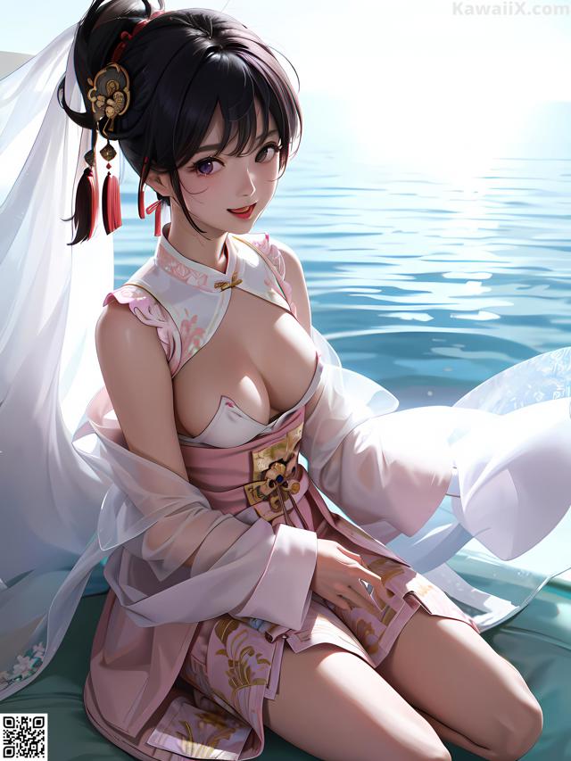 A woman in a pink kimono sitting on a boat.