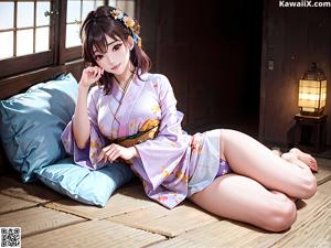 A woman in a blue kimono sitting on a bed.