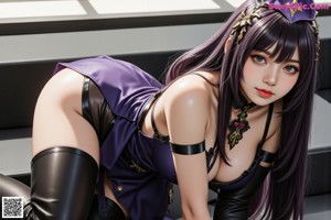 A woman with long purple hair wearing a cat hat and lingerie.