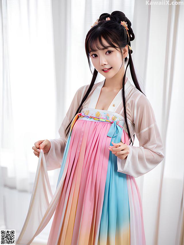 A woman in a pink and blue hanbok is posing for a picture.