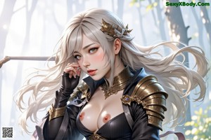 A woman in a fantasy warrior outfit with long white hair and pointed ears.