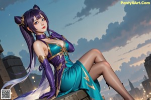 A woman in a purple dress and purple gloves is posing for a picture.