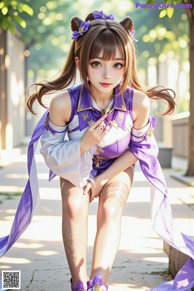 Hentai - Sovereign of Lightning in Exquisite Garb Set.1 20250125 Part 11 No.300a02 A woman in a purple and white outfit sitting on a bench.