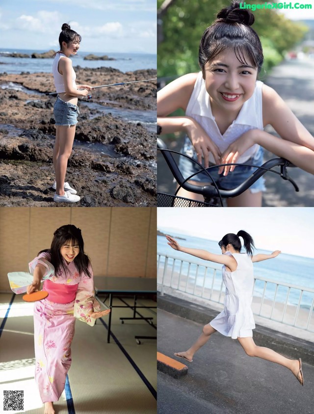 A collage of photos of a woman playing ping pong.