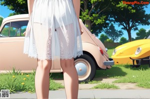A close up of a woman wearing a white dress.