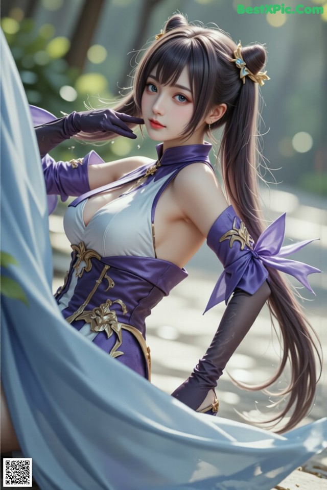Hentai - Sovereign of Lightning in Exquisite Garb Set.2 20250126 Part 10 No.670b0c A woman in a purple and white outfit is posing for a picture.