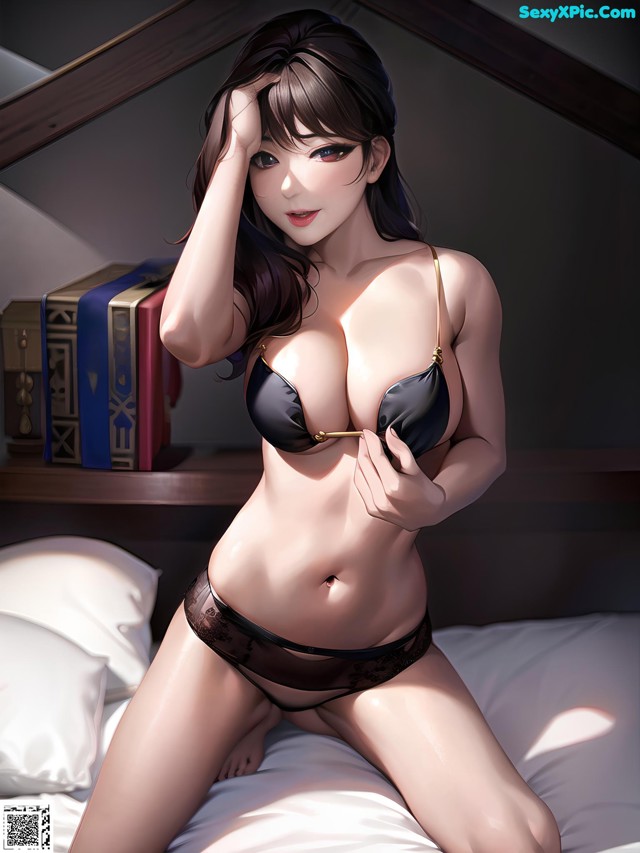 A woman in a black lingerie sitting on a bed.