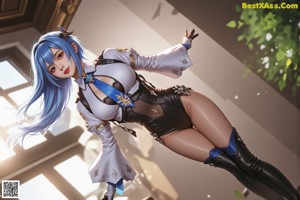 A woman with blue hair sitting on top of a bed.