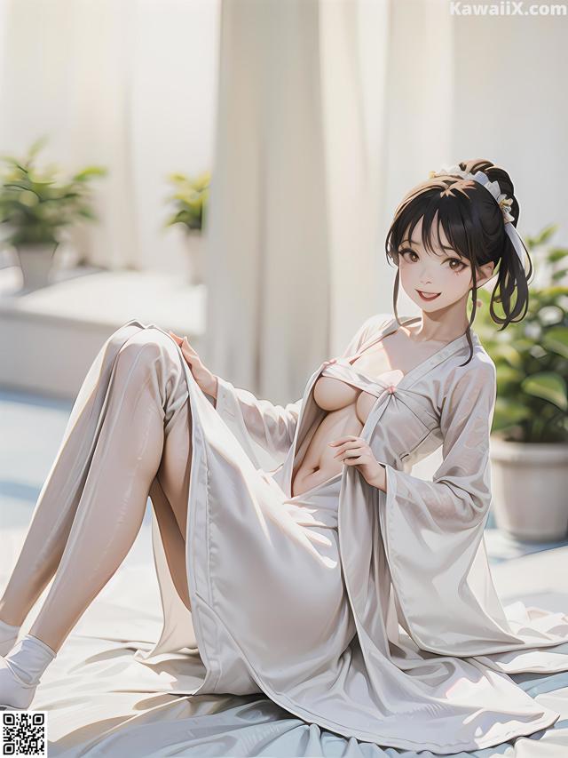 A woman in a white robe sitting on a bed.