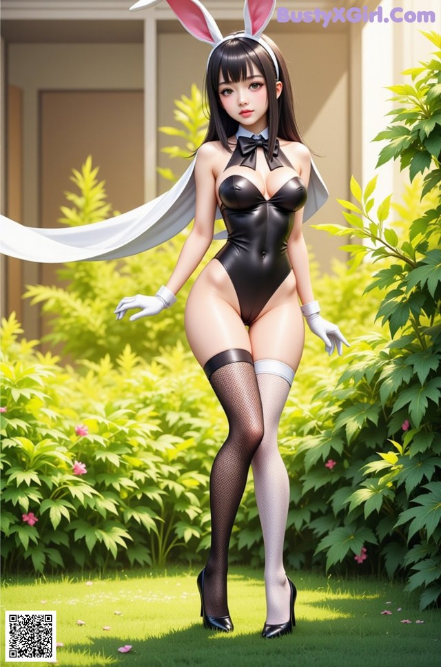 A woman in a bunny costume is posing for a picture.