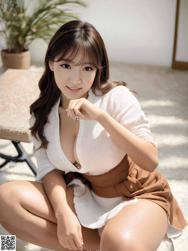 a woman sitting on top of a white rug next to a plant