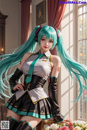 A woman with long green hair standing in front of a window.