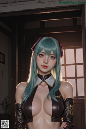 A woman with long blue hair wearing a green outfit and headphones.
