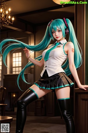 A woman with long blue hair wearing a black and white outfit.