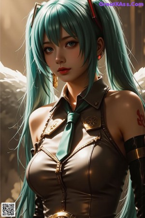A woman with long blue hair wearing a green outfit and headphones.