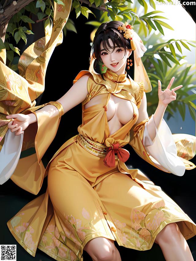 A woman in a yellow kimono sitting on a tree.