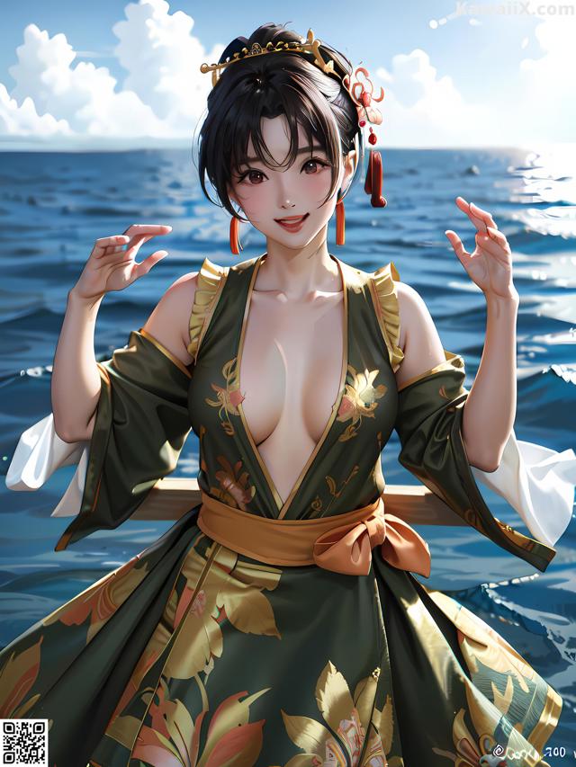 A woman in a green and gold kimono standing on a boat.