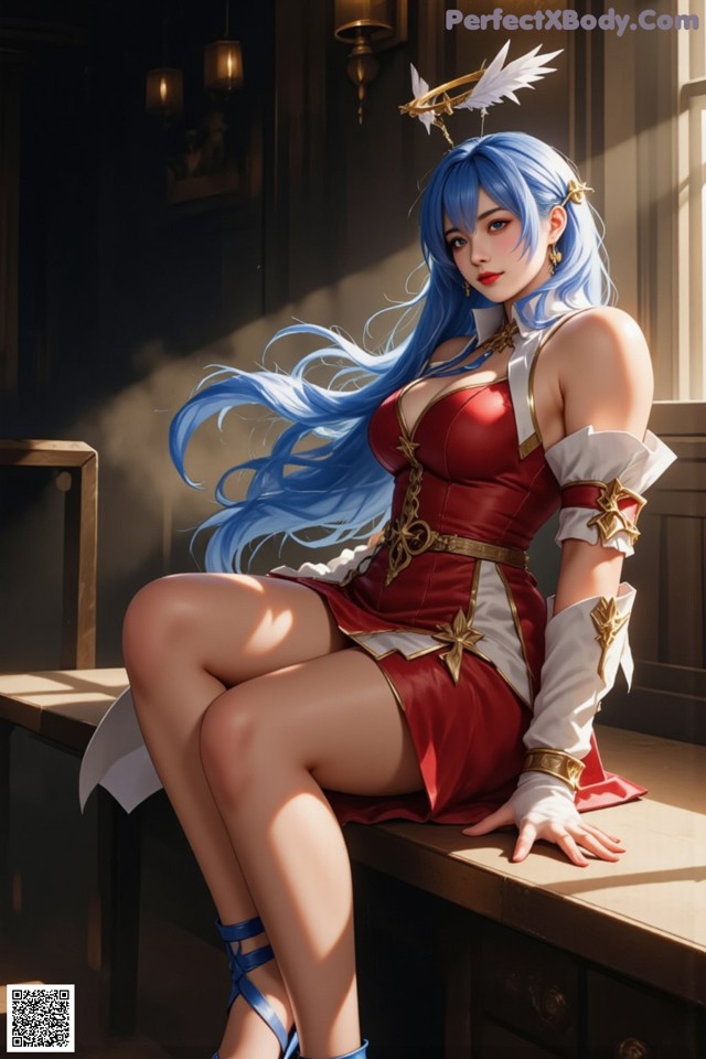 Hentai - Captivating Grace of the Cosmic Maiden Set.1 20250124 Part 8 No.4c04b3 A woman with blue hair sitting on a bench.