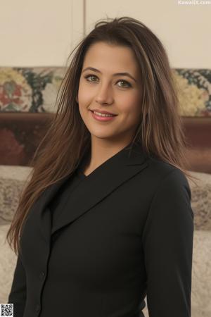 A woman in a blue dress posing for a picture.