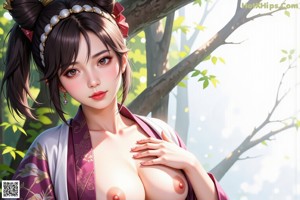 A naked woman in a kimono standing next to a tree.