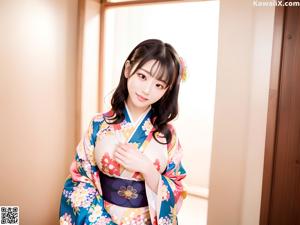 A woman in a blue kimono standing by a lake.