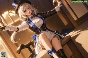 A woman in a white and blue outfit holding a sword.