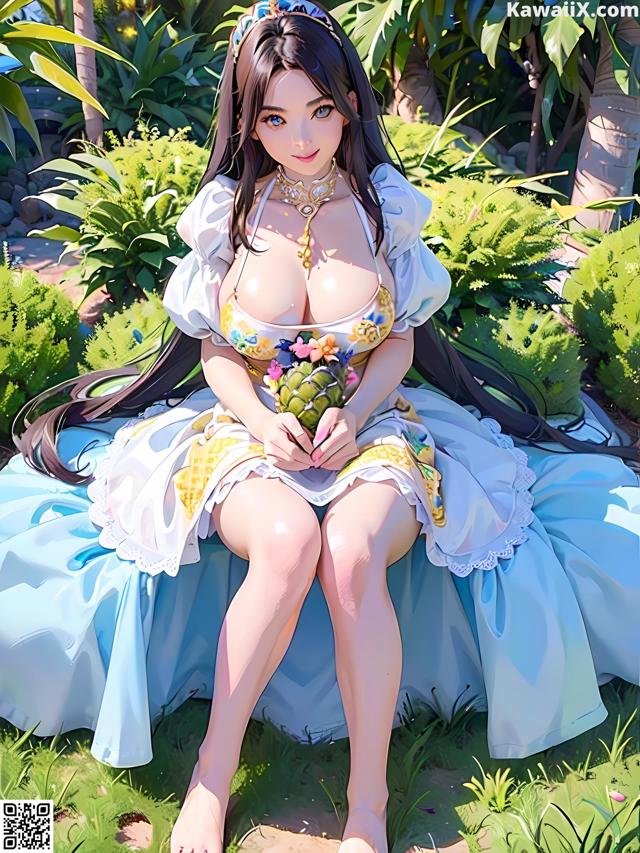 A woman in a blue dress sitting on a bench in the grass.